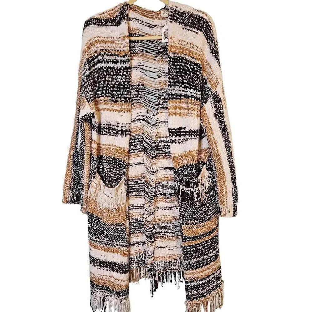 POL boho oversized cardigan, black, tan & cream. Size S. NWT